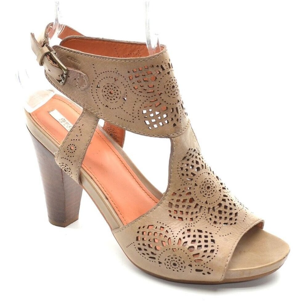 Geox Respira Brown Leather Laser Cut Heel Sandals 39